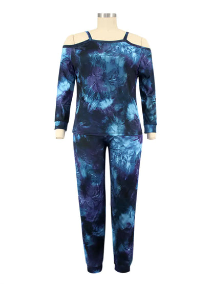 Plus Size Women's Off Shoulder Tie Dye Casual Suit