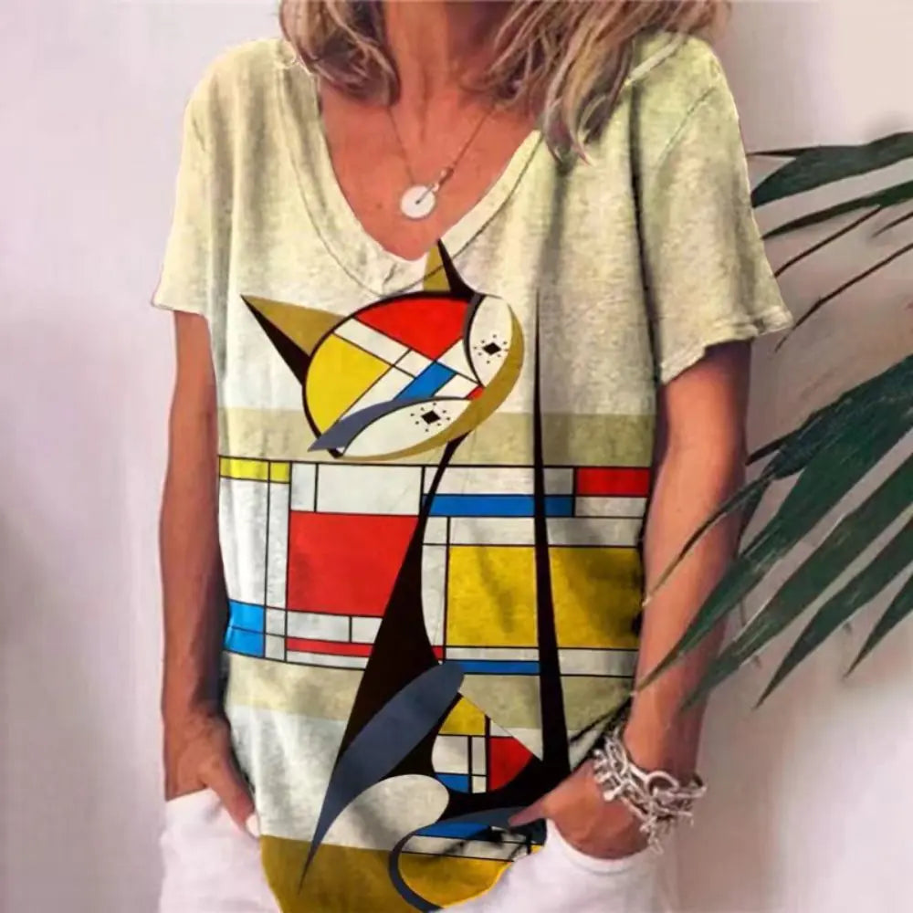 Sommerliches Damen-V-Ausschnitt-T-Shirt mit 3D-Druck