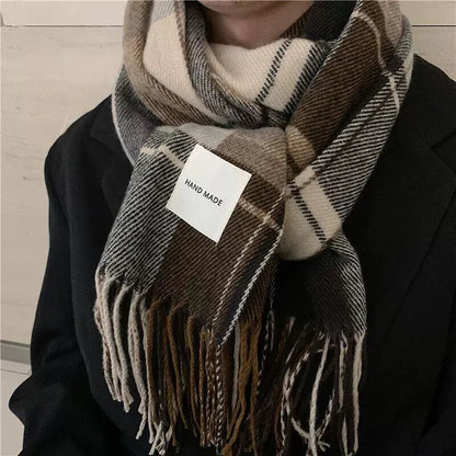 Versatile Retro Plaid Scarf with Tassels for Women