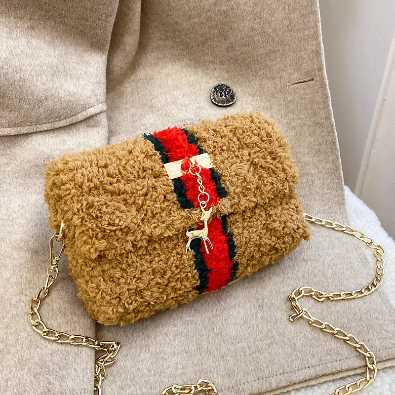 Bolso de Hombro de Peluche Forrado de Lana Tejido a Mano
