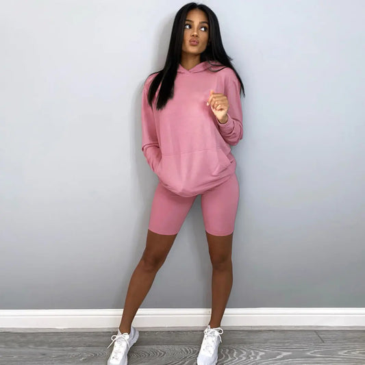 Conjunto de Sudadera con Capucha y Pantalones Cortos Informales de Verano para Mujer