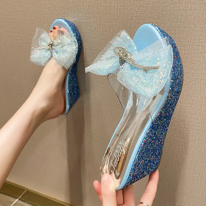 Wedge High Heel Platform Bow Rhinestone Sandals