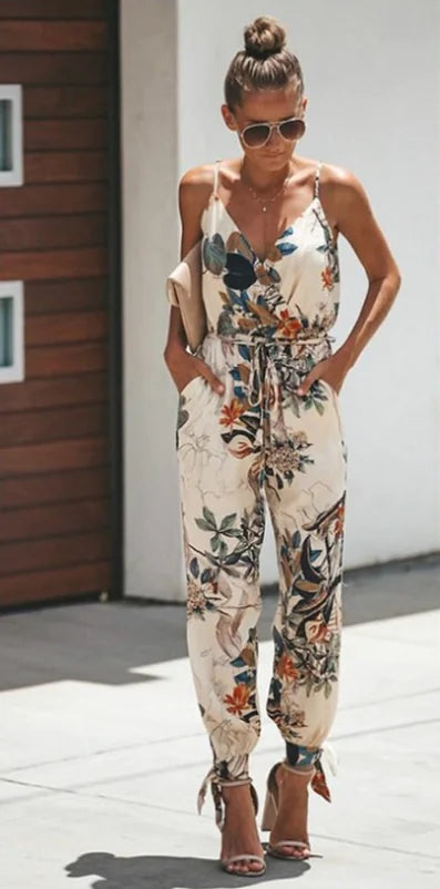 Backless Floral Print Jumpsuit with Slit Design