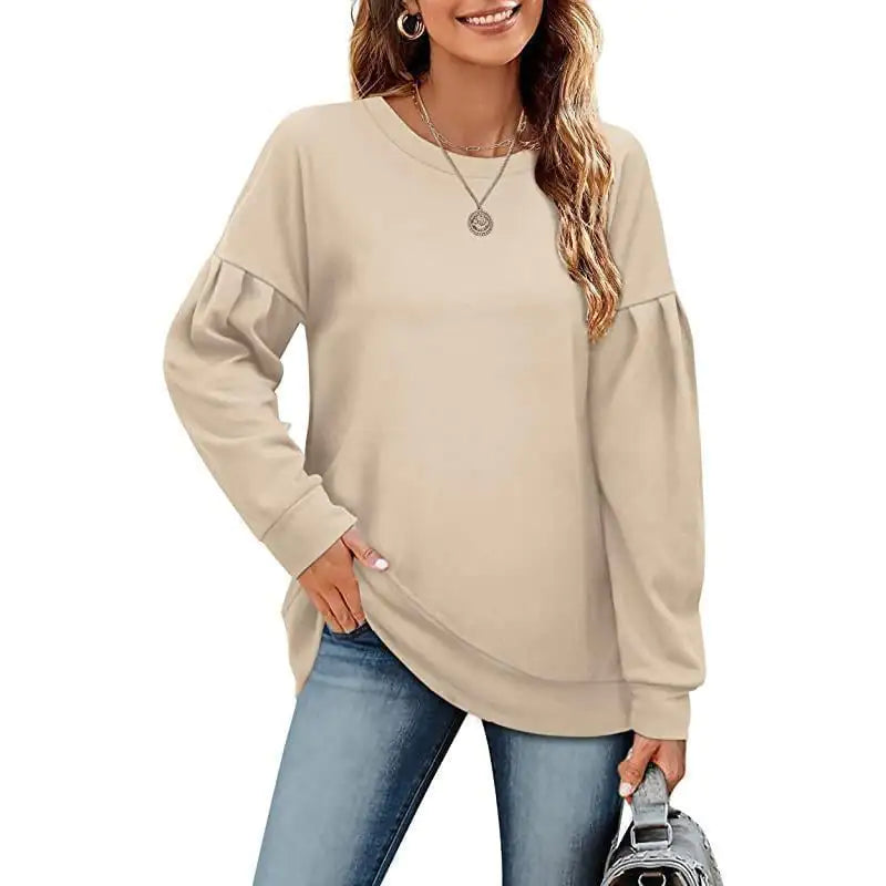 Solid Color Women's Sweatshirt with Round Neck Design - Trendy Attic Store01