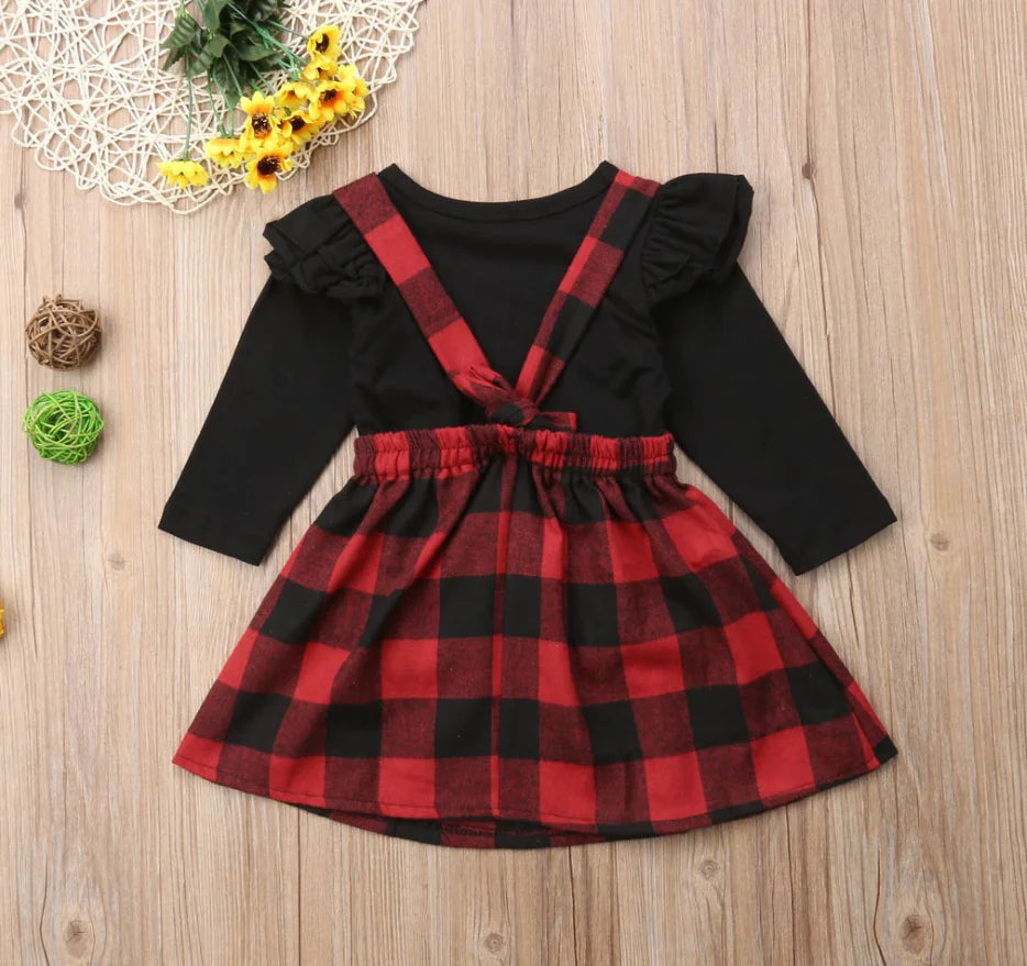 Black Long Sleeve Plaid Pinafore Dress Set for Girls