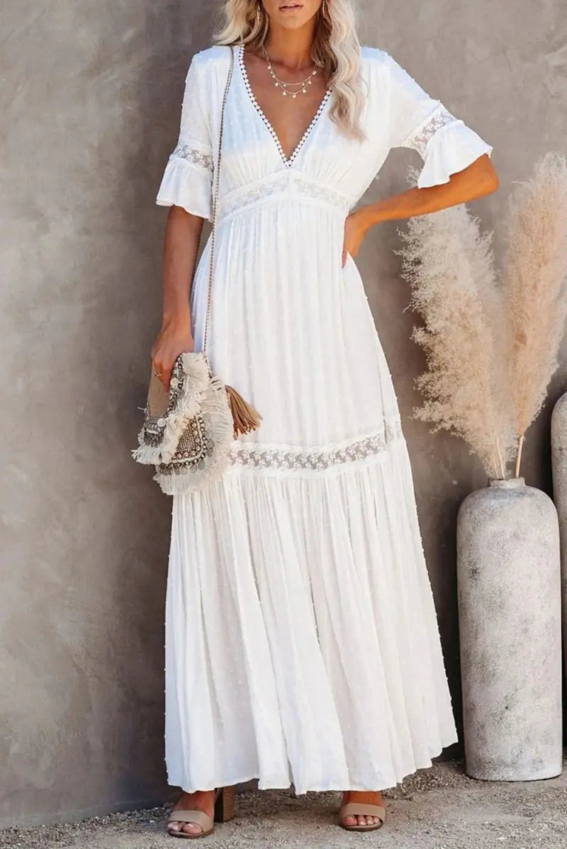 Damen V-Ausschnitt Spitzen-Maxikleid Frühling/Sommer