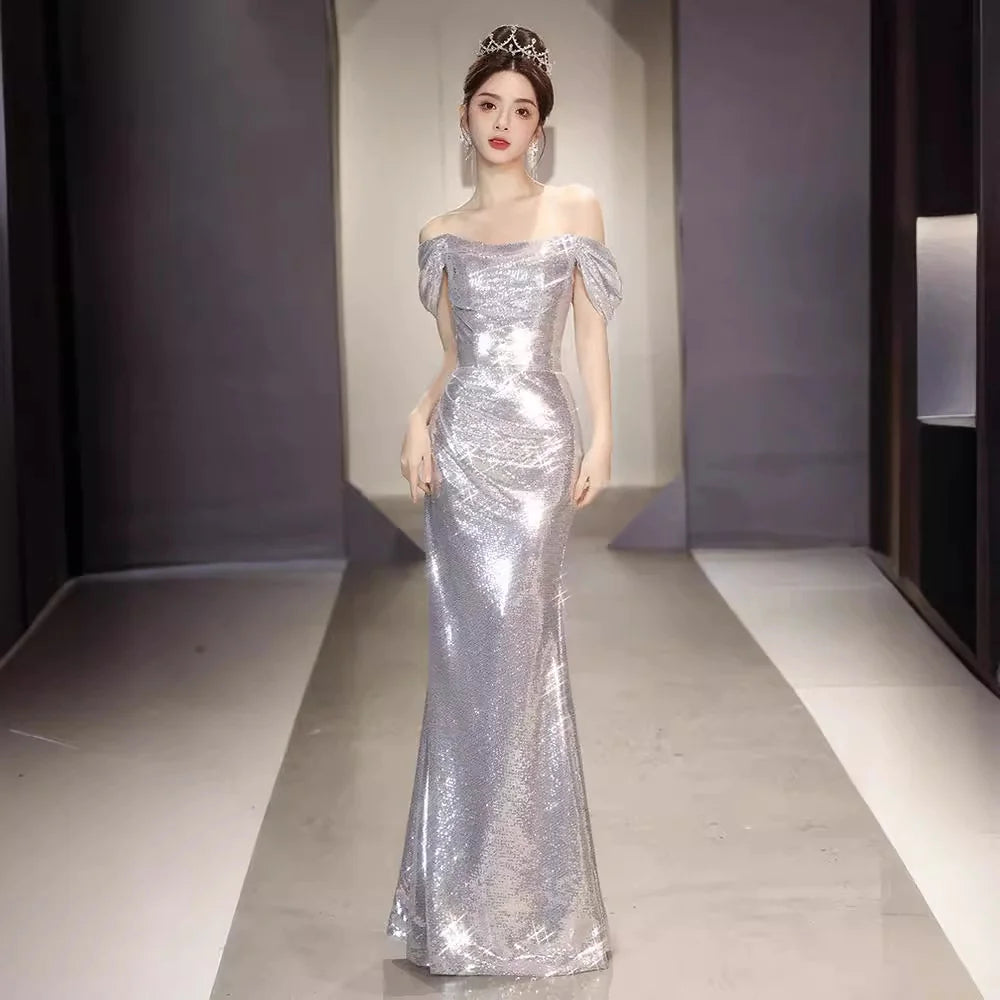 Off-Shoulder Silver Paillette Evening Dress for Women
