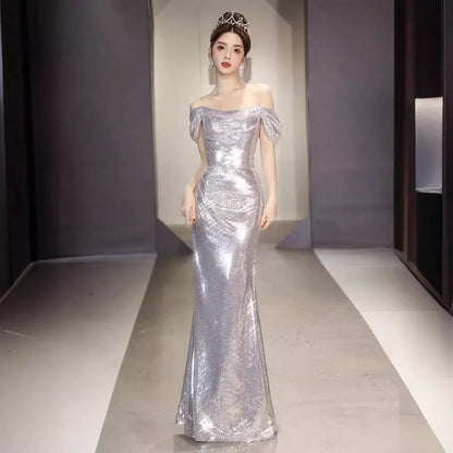 Off-Shoulder Silver Paillette Evening Dress for Women