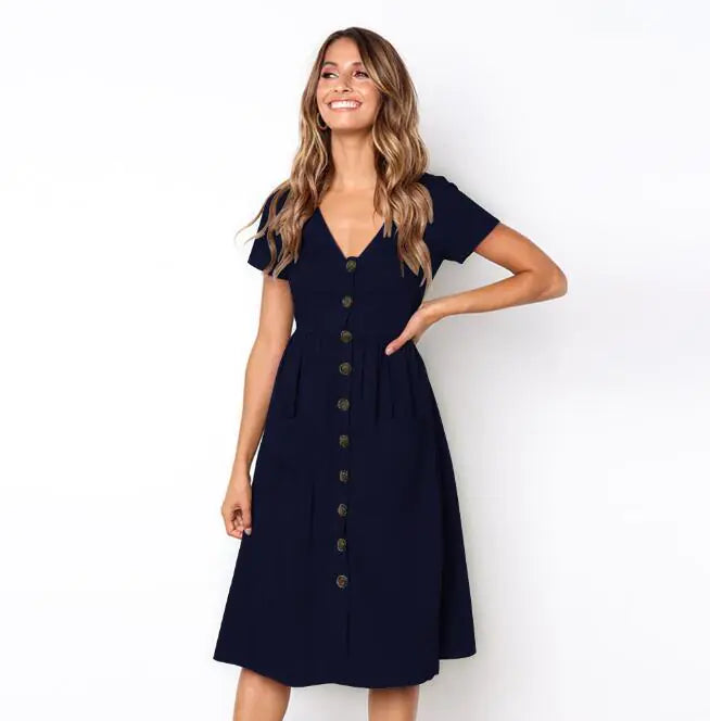 V-Neck Button Dress with Pockets