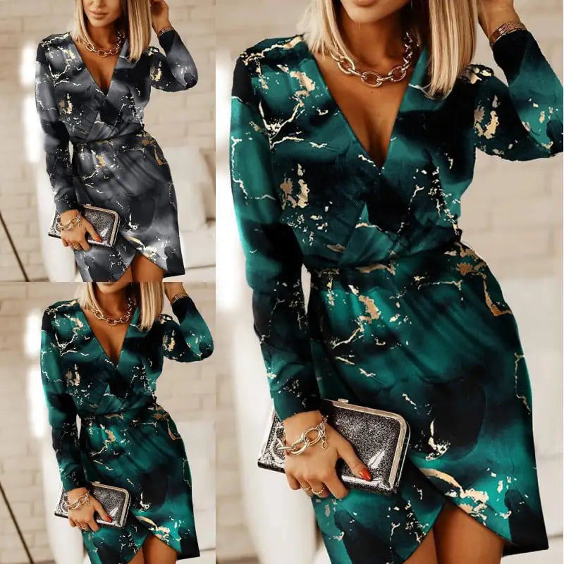 V-Neck Long Sleeve High Slit Printed T-Shirt Dress
