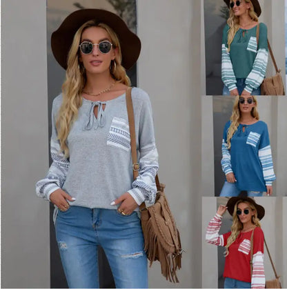 Camiseta suelta estilo bohemio con bolsillos para mujer