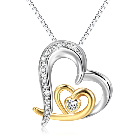Double Heart Pendant, Gold-Plated Diamond Necklace, 925 Silver