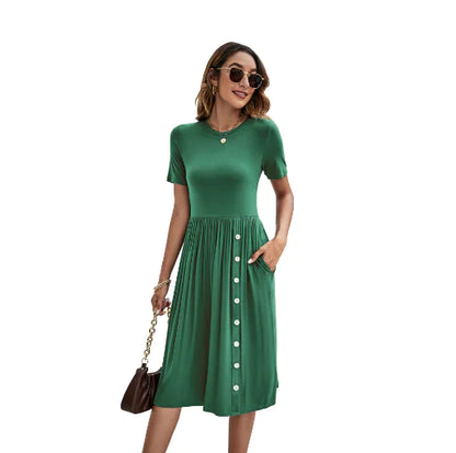Solid Color Button Pocket Casual Women's Dress