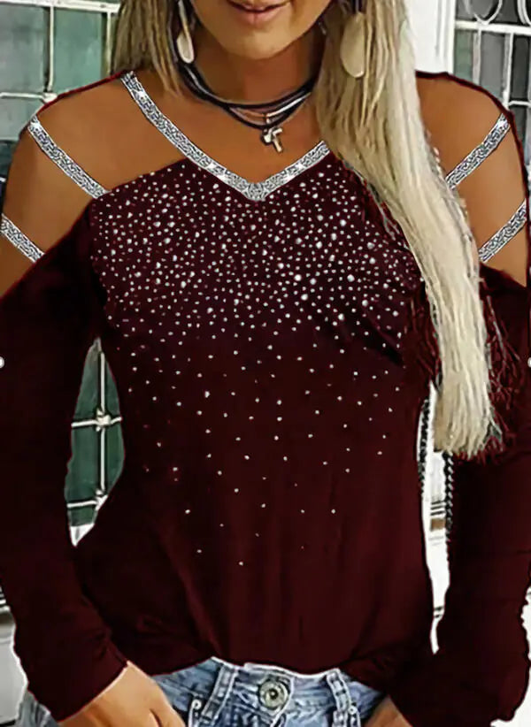 Multicolor Women's Long Sleeve V-Neck Rhinestone Top