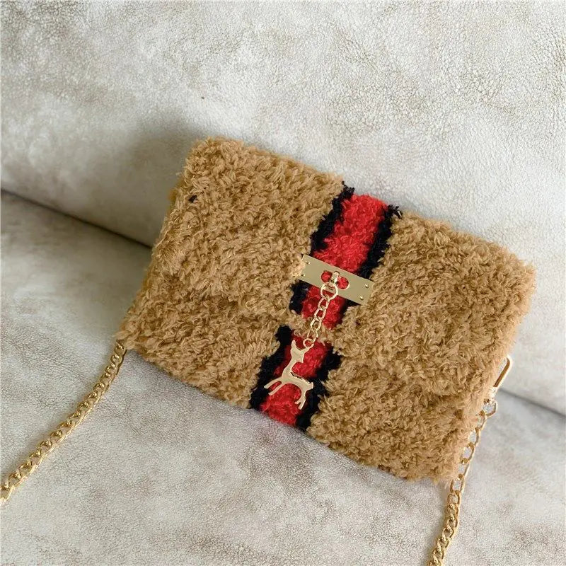Bolso de Hombro de Peluche Forrado de Lana Tejido a Mano