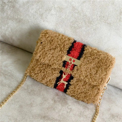 Bolso de Hombro de Peluche Forrado de Lana Tejido a Mano