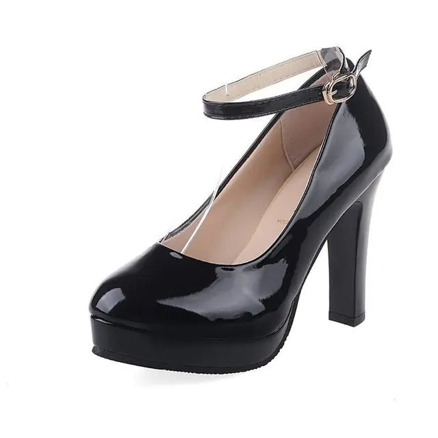 Elegant Women's Round Toe Buckle Leather High Heels - Trendy Attic Store01