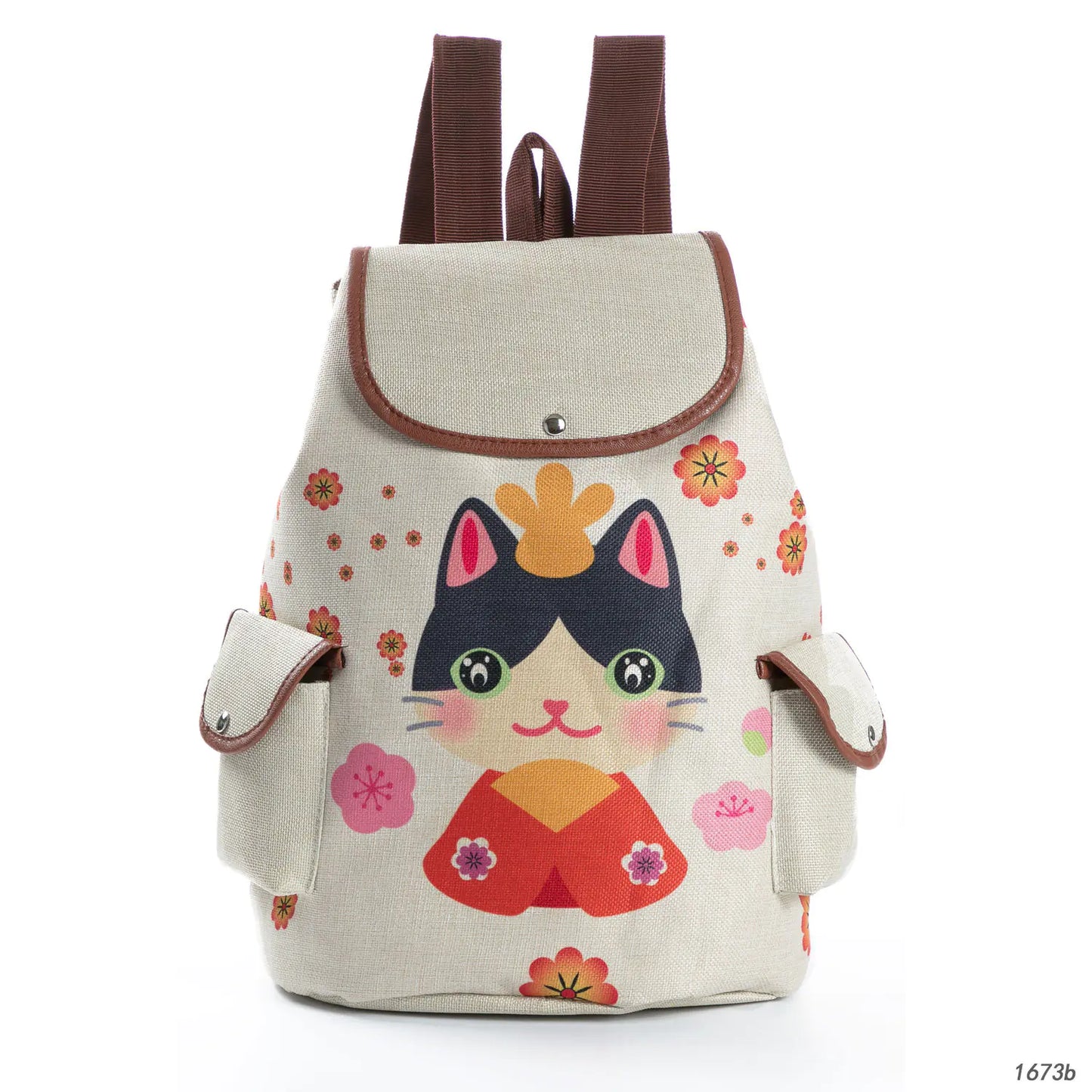 Cat Print Student Backpack, Linen Women's Backpack