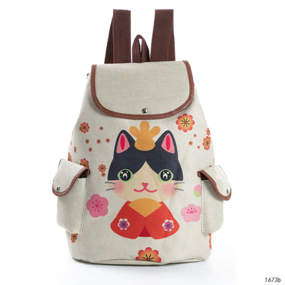 Cat Print Student Backpack, Linen Women's Backpack