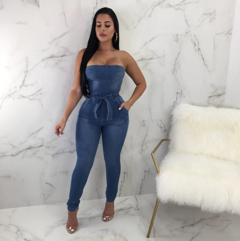 Slim Fit Denim Strapless Jumpsuit with Zipper