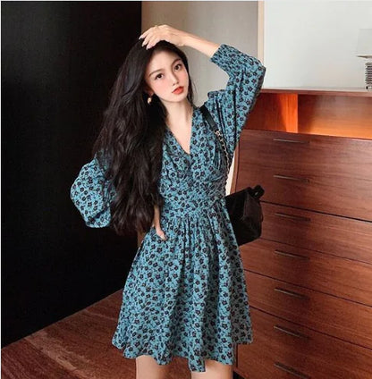 Retro High Street V-Neck Floral Shirt Dress for Women