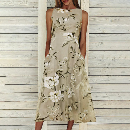 Floral A-line Dress with Round Neck and Mid-length