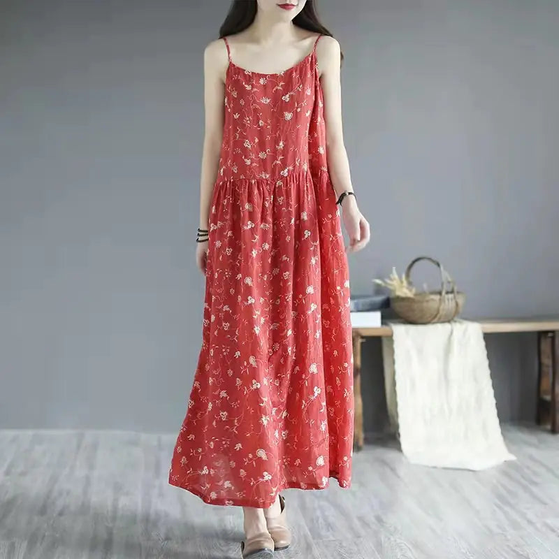 Artistic Floral Sleeveless Sling Dress for Women