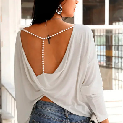Fashionable Women's Long-Sleeved Backless T-shirt