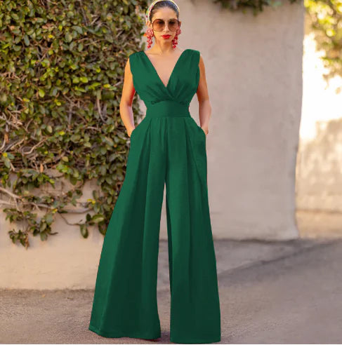 V-neck High Waist Wide Leg Jumpsuit for Women (One Piece)