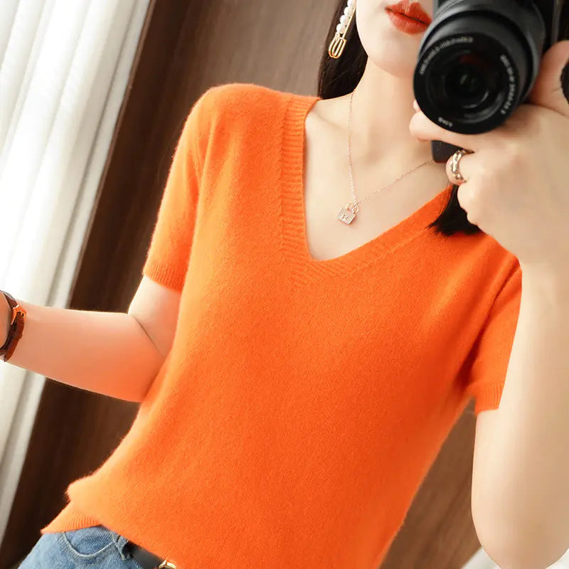 Women's V-Neck Short Sleeve Knit Sweater