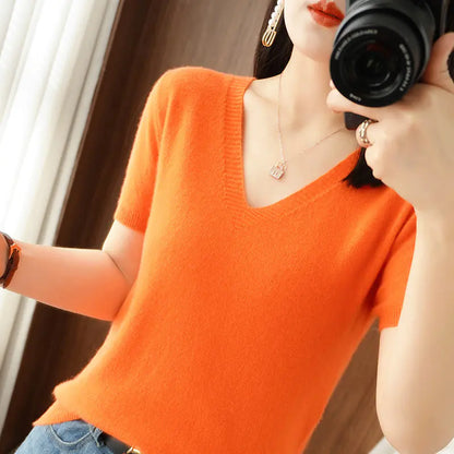 Women's V-Neck Short Sleeve Knit Sweater