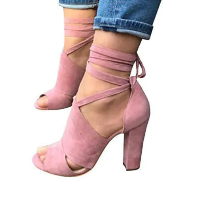 Suede Peep-Toe Sandals with High Chunky Heels