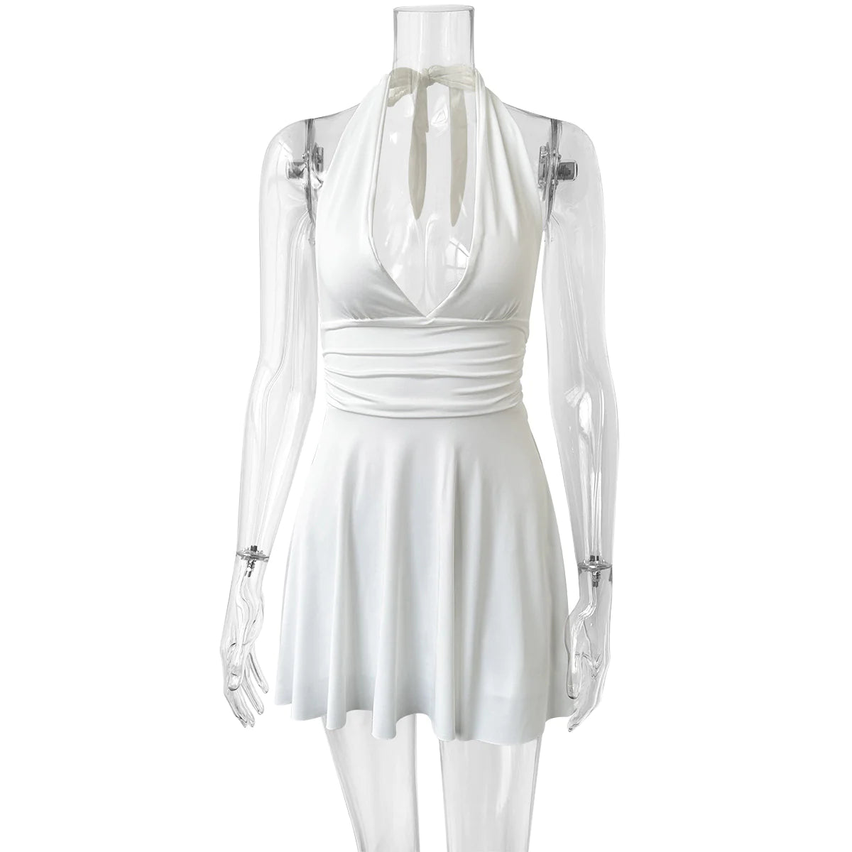 V-Neck Lace-Up Pleated Mini Dress