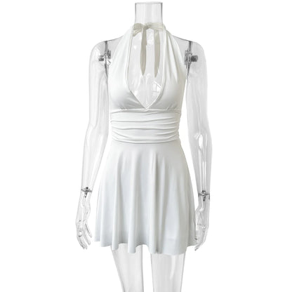 V-Neck Lace-Up Pleated Mini Dress