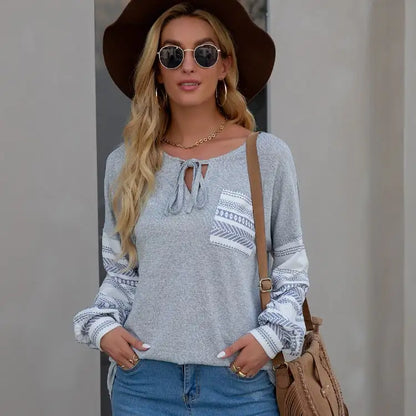 Camiseta suelta estilo bohemio con bolsillos para mujer