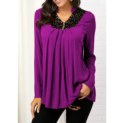 V-Neck Floral Print Long Sleeve Lace Top T-Shirt - Trendy Attic Store01