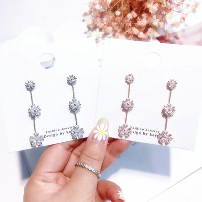 Long Rhinestone Snowflake Earrings with 925 Silver Pins