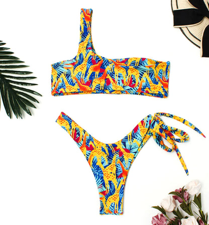 One-Shoulder Brazilian Print Bikini Set