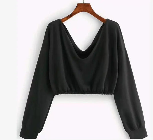 Deep V-Neck Long Sleeve Cropped Sweatshirt Top