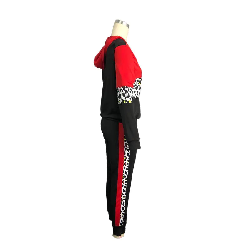 Plus Size Leopard Long Sleeve Hooded Tracksuit Set
