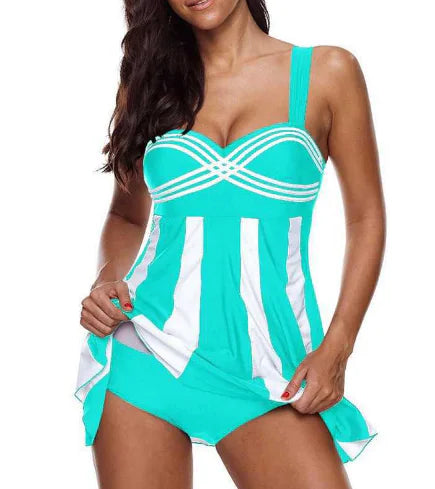 Plus Size Striped Thin Skirt Split Swimsuit for Women
