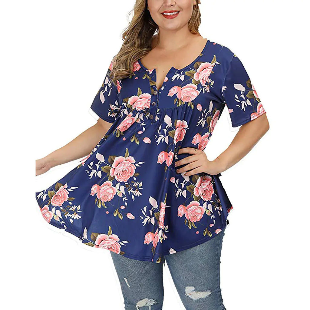 Plus Size V-Neck Printed T-Shirt for Women
