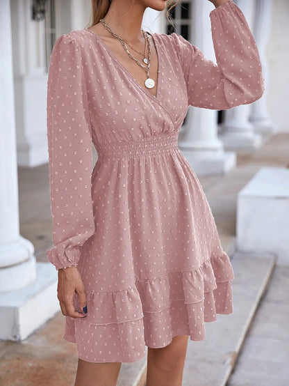 V-Neck Long Sleeve Ruffle Fitted A-Line Dress