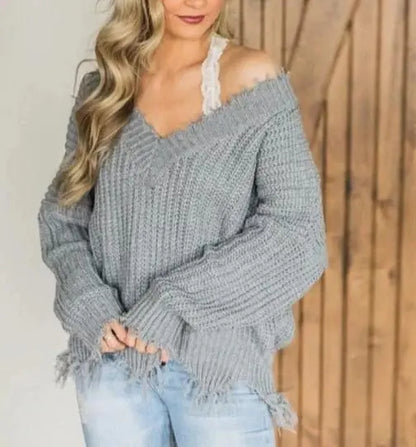 Irregular V-Neck Loose Knit Sweater for Women