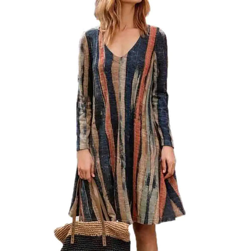 Striped A-Line Dress with V-Neck and Pockets