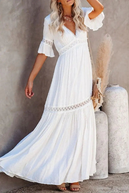 Damen V-Ausschnitt Spitzen-Maxikleid Frühling/Sommer
