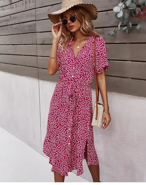 Blumen-Sommer-Midikleid für Damen mit V-Ausschnitt