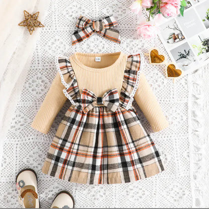 Plaid Long Sleeve Dress in Christmas Style for Girls