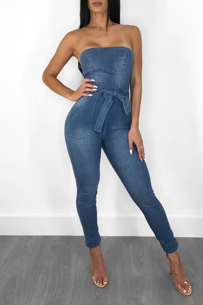 Slim Fit Denim Strapless Jumpsuit with Zipper