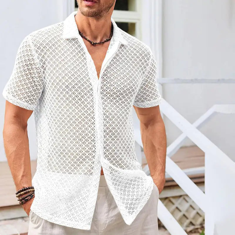 Summer Mesh Short Sleeve Shirt Men Clothing - Trendy Attic Store01